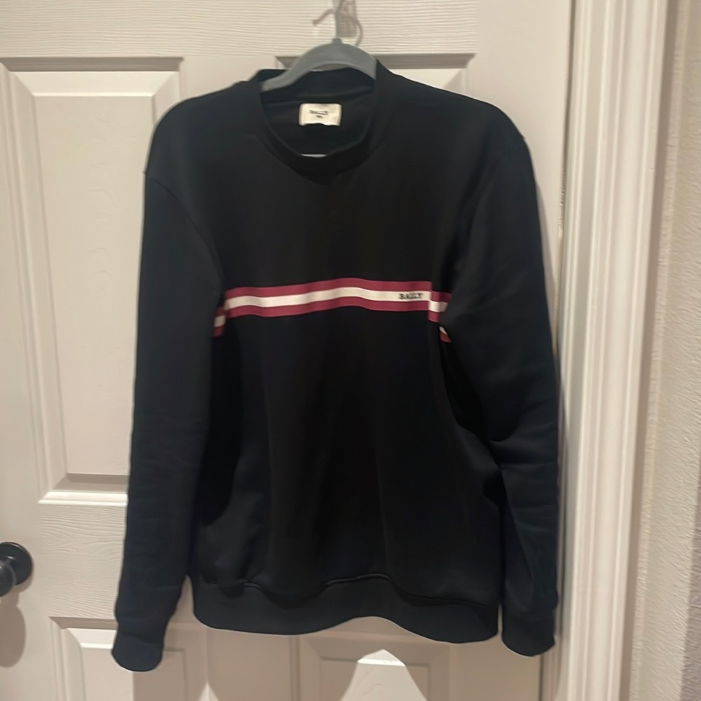 Bally Black Crewneck Sweater with Red and White Stripes